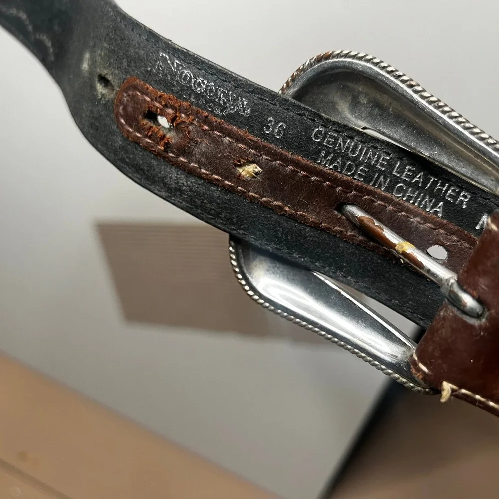 Nocona Mens Brown Leather Western Belt Woven Inlay Silver Concho Buckle Size 36